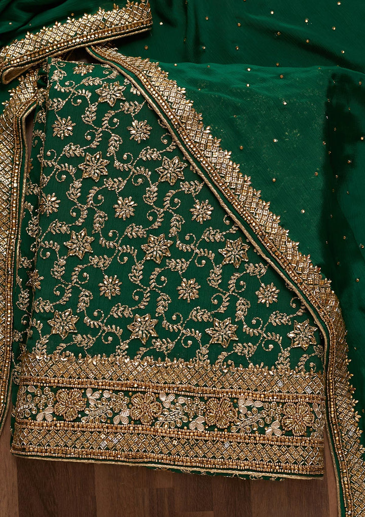 Bottle Green Zariwork Georgette Unstitched Salwar Suit - Koskii