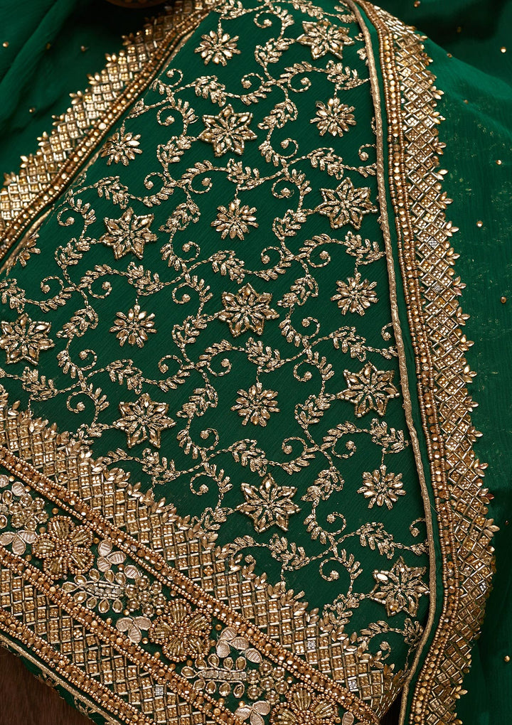 Bottle Green Zariwork Georgette Unstitched Salwar Suit - Koskii