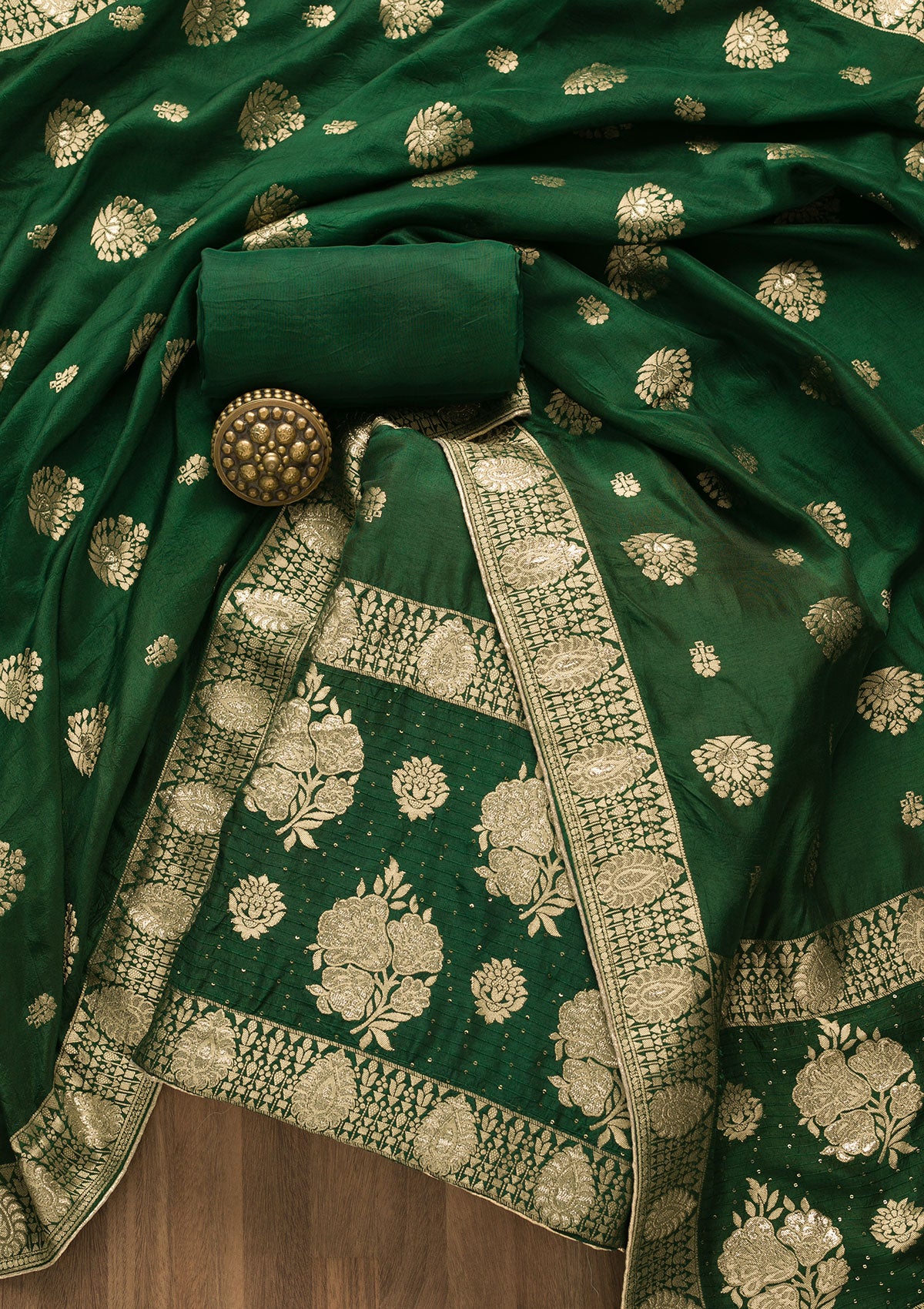 Bottle Green Zariwork Georgette Unstitched Salwar Suit-Koskii