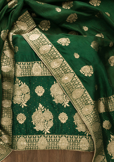 Bottle Green Zariwork Georgette Unstitched Salwar Suit-Koskii