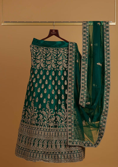 Bottle Green Zariwork Net Designer Semi-Stitched Lehenga - koskii
