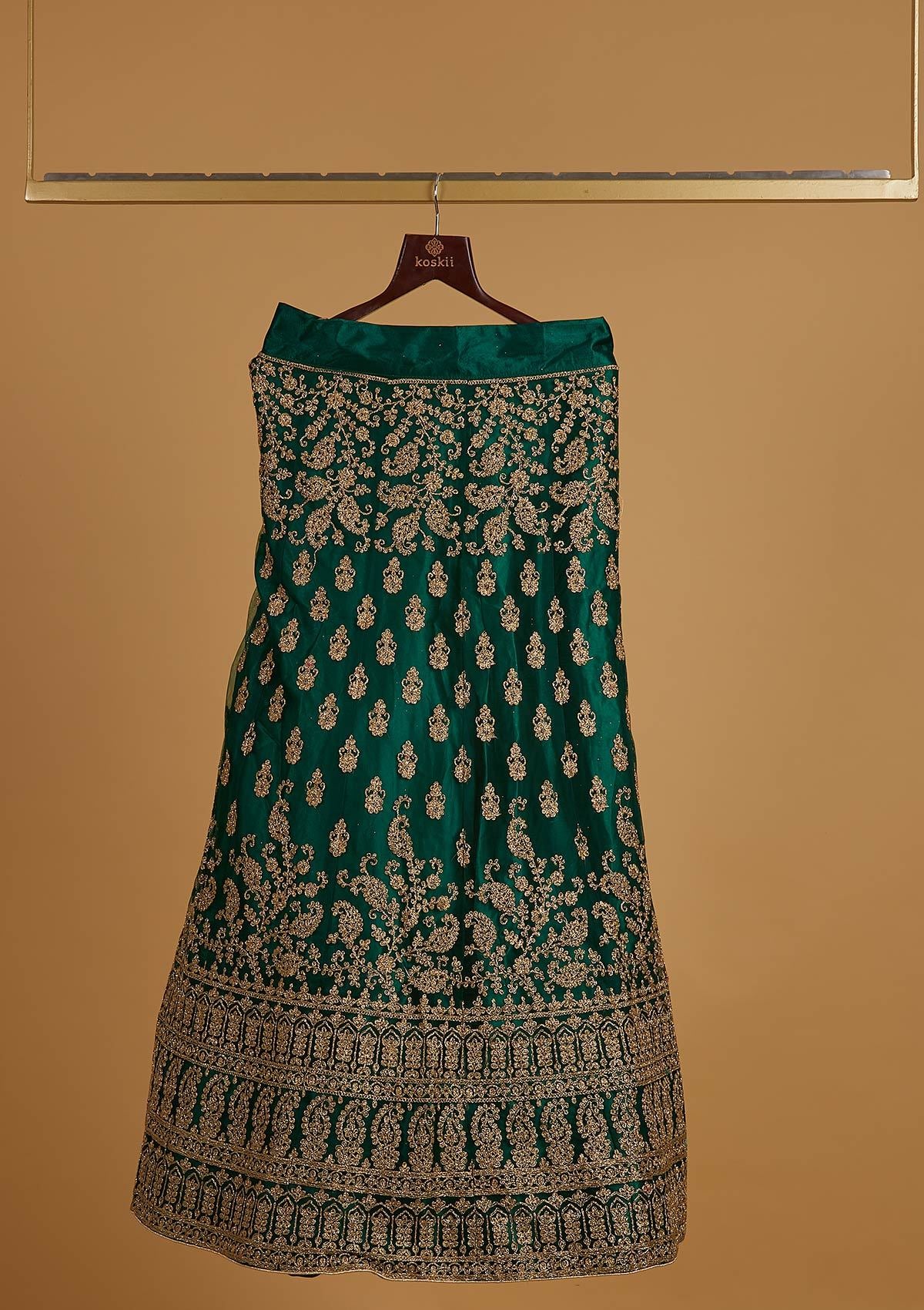 Bottle Green Zariwork Net Designer Semi-Stitched Lehenga - koskii