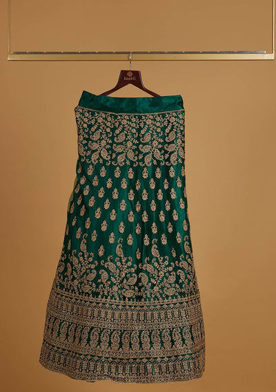 Bottle Green Zariwork Net Designer Semi-Stitched Lehenga - koskii