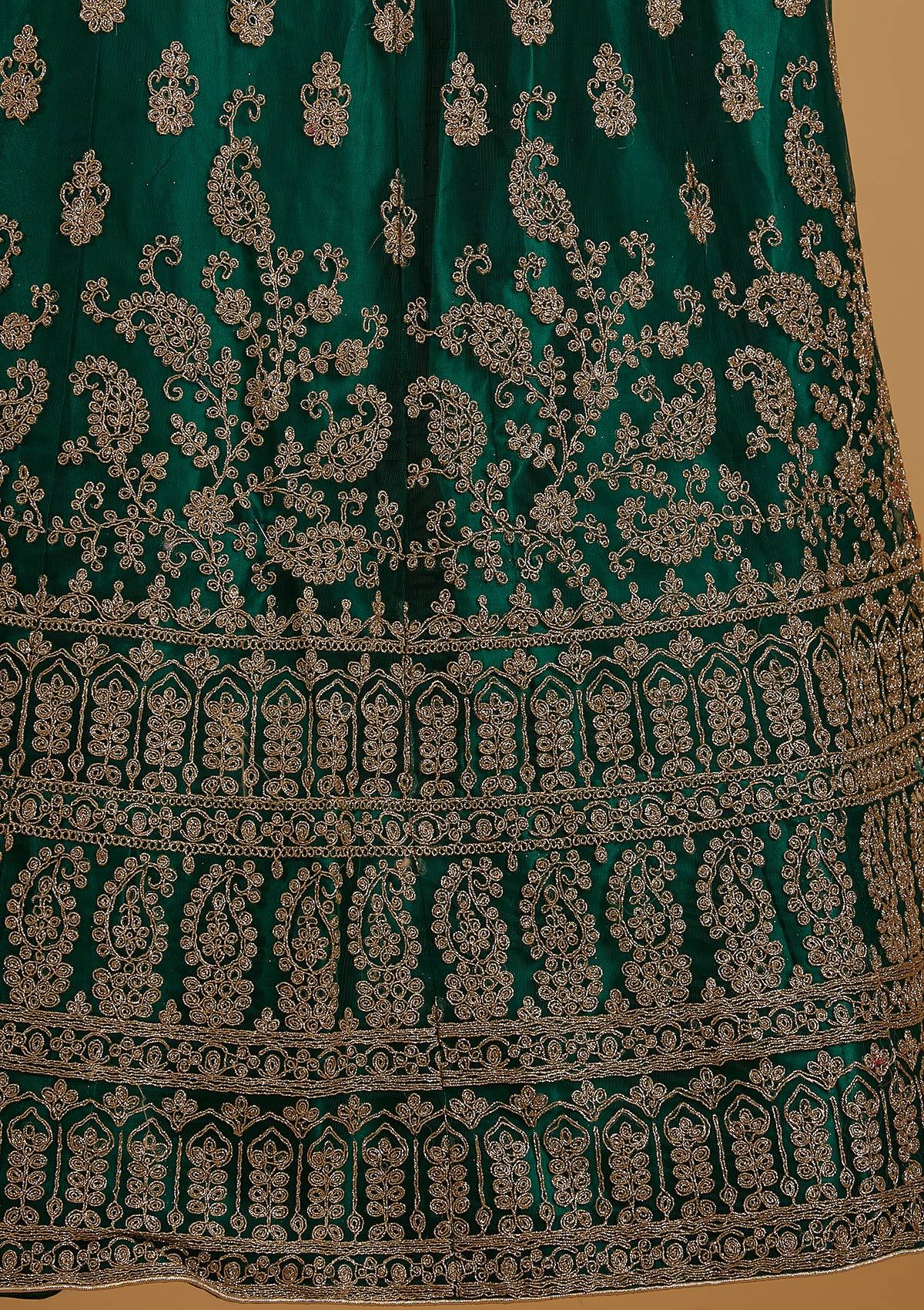 Bottle Green Zariwork Net Designer Semi-Stitched Lehenga - koskii