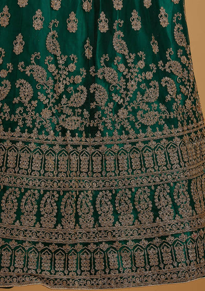 Bottle Green Zariwork Net Designer Semi-Stitched Lehenga - koskii