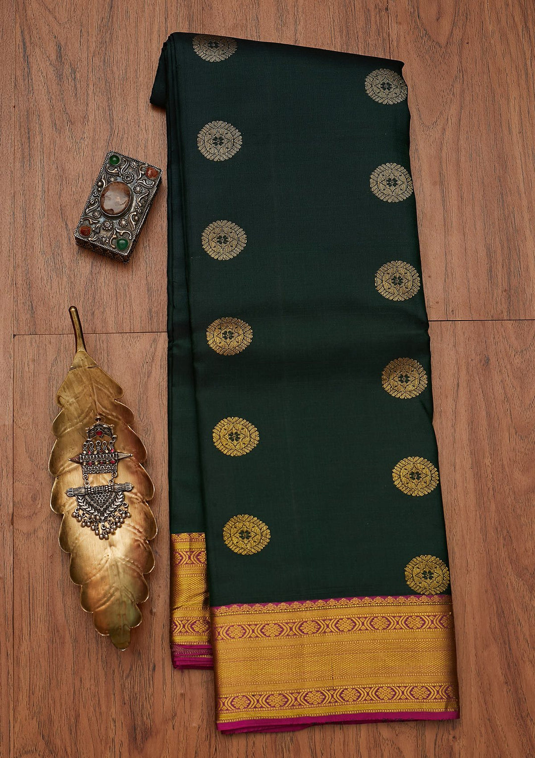 Bottle Green Zariwork Pure Silk Designer Saree - koskii