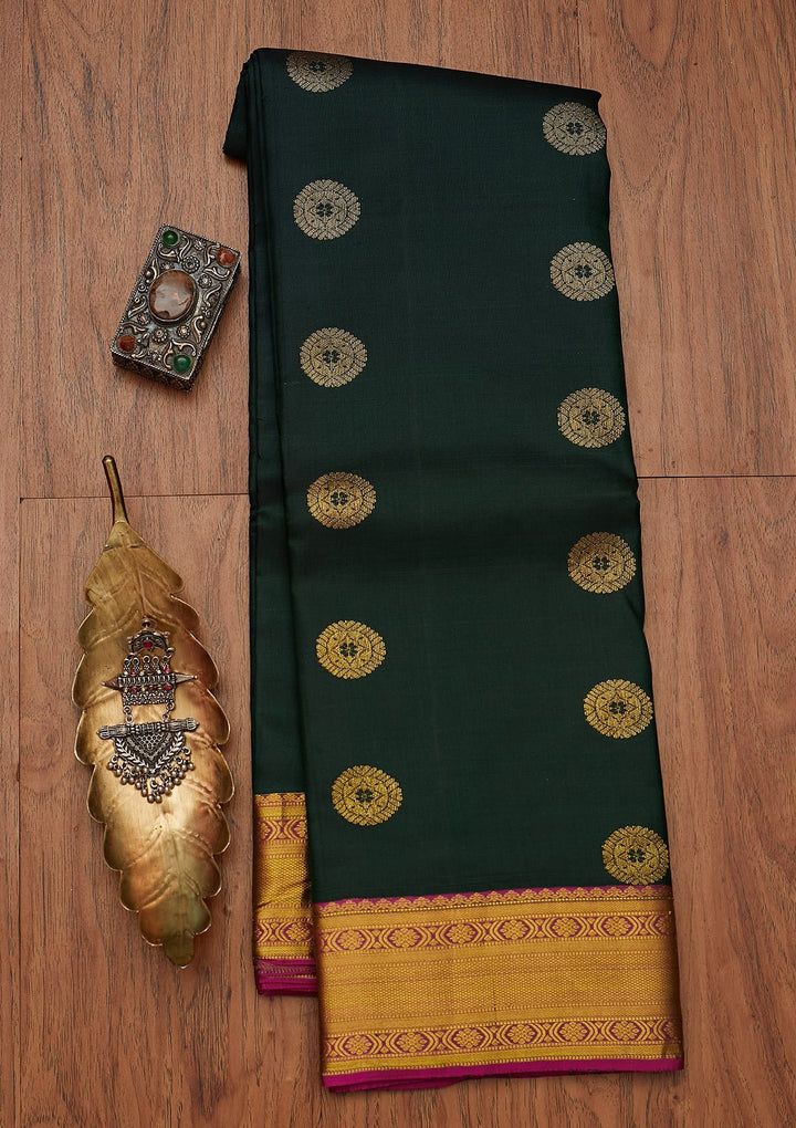 Bottle Green Zariwork Pure Silk Designer Saree - koskii