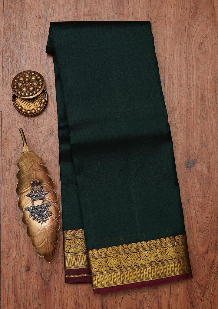 Bottle Green Zariwork Pure Silk Designer Unstitched Saree - Koskii