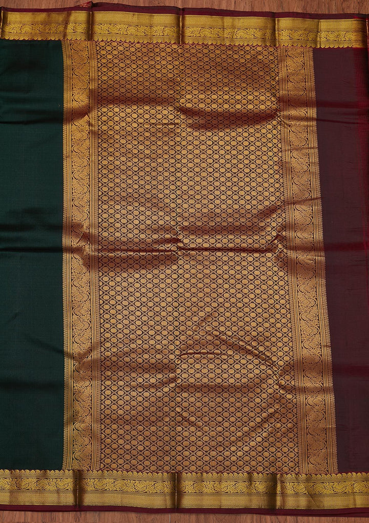Bottle Green Zariwork Pure Silk Designer Unstitched Saree - Koskii