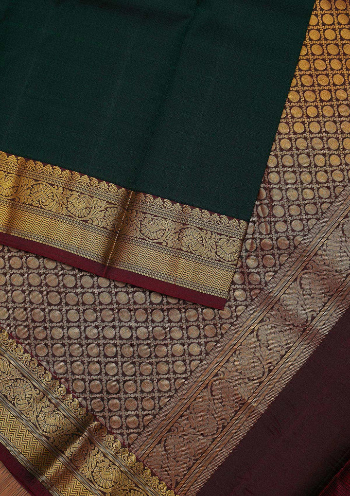 Bottle Green Zariwork Pure Silk Designer Unstitched Saree - Koskii