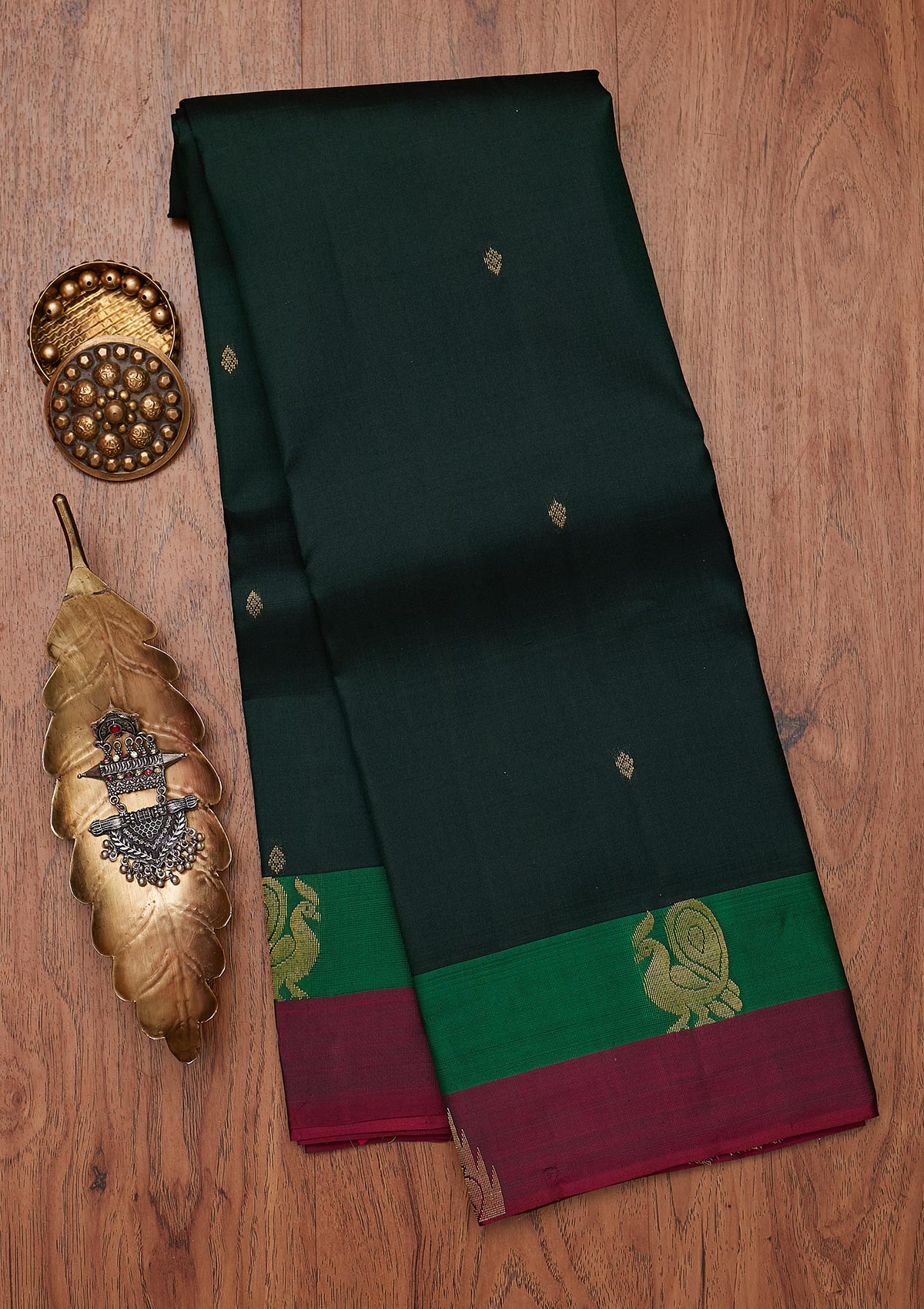 Bottle Green Zariwork Pure Silk Designer Unstitched Saree - Koskii