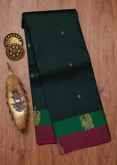 Bottle Green Zariwork Pure Silk Designer Unstitched Saree - Koskii