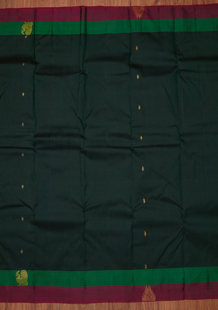 Bottle Green Zariwork Pure Silk Designer Unstitched Saree - Koskii