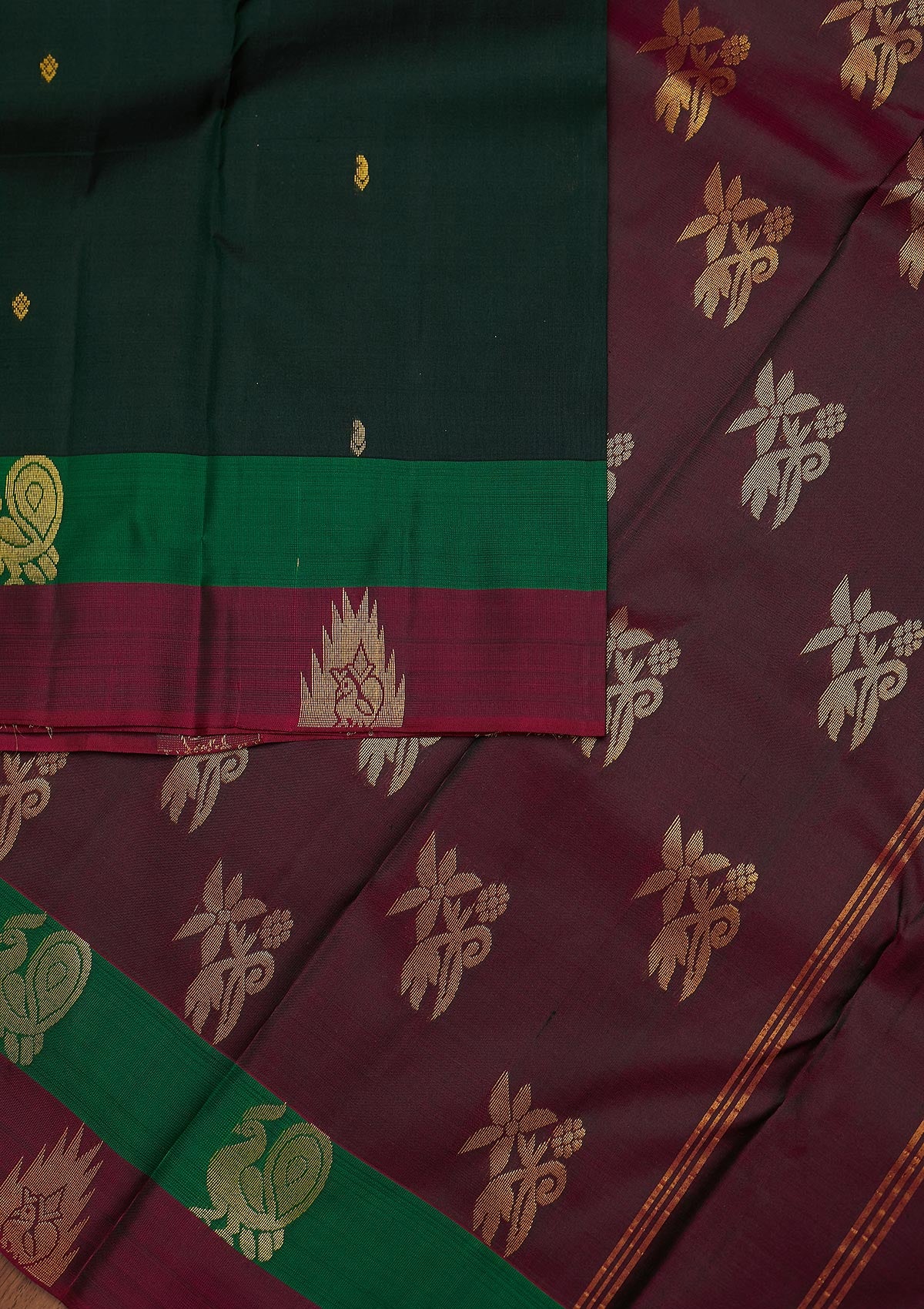 Bottle Green Zariwork Pure Silk Designer Unstitched Saree - Koskii