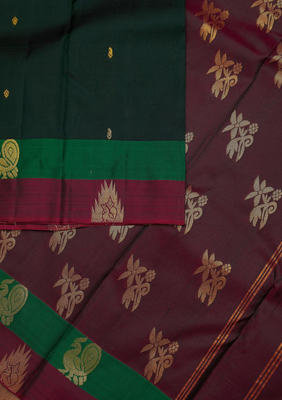 Bottle Green Zariwork Pure Silk Designer Unstitched Saree - Koskii