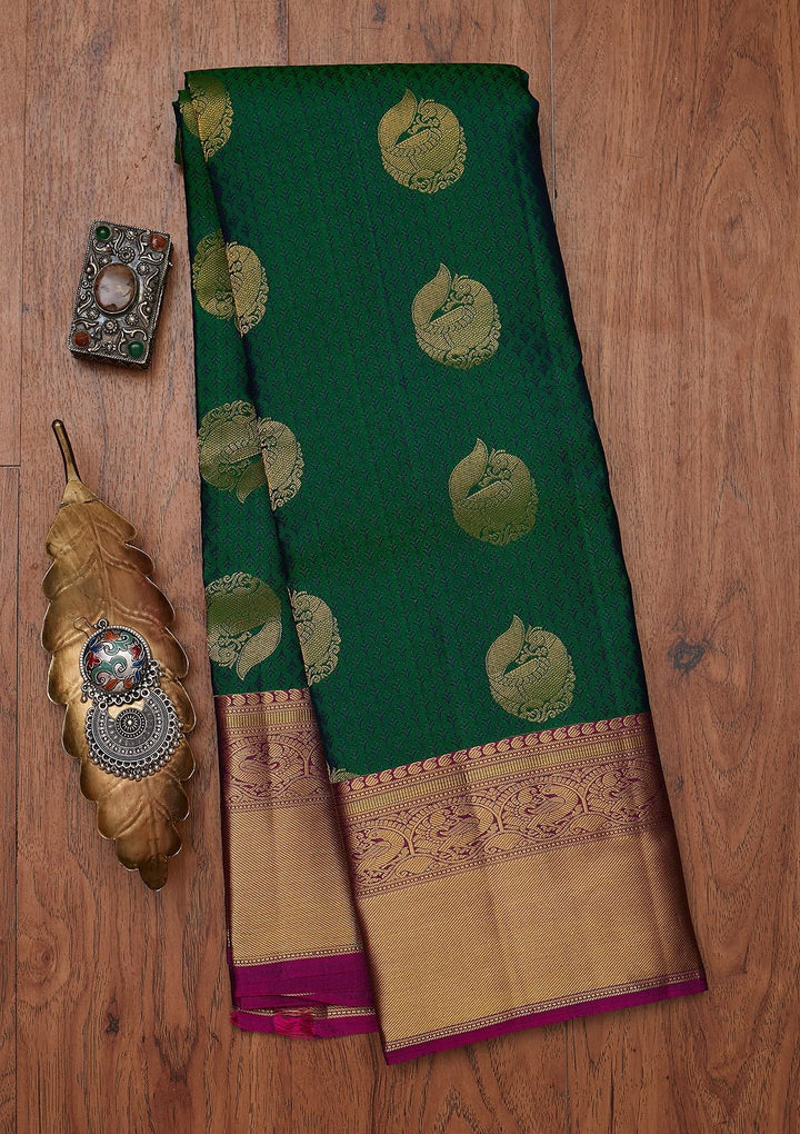 Bottle Green Zariwork Pure Silk Designer Unstitched Saree - Koskii