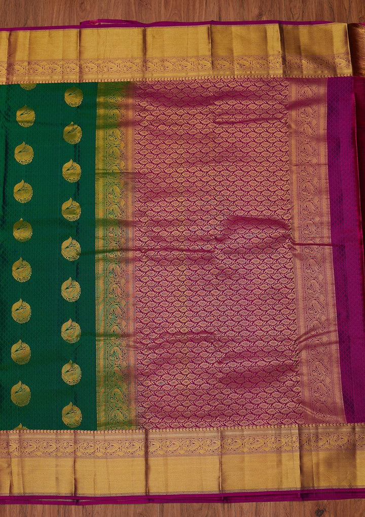 Bottle Green Zariwork Pure Silk Designer Unstitched Saree - Koskii
