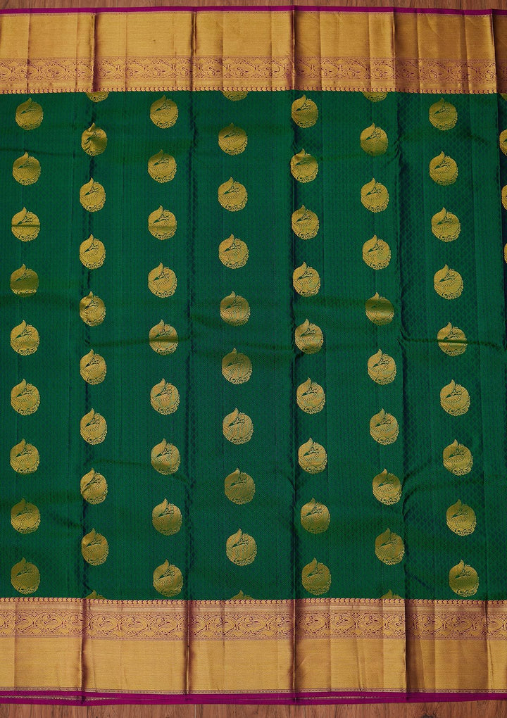 Bottle Green Zariwork Pure Silk Designer Unstitched Saree - Koskii
