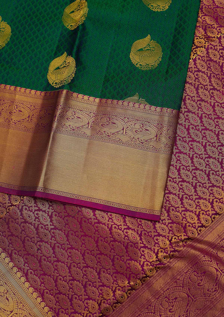 Bottle Green Zariwork Pure Silk Designer Unstitched Saree - Koskii