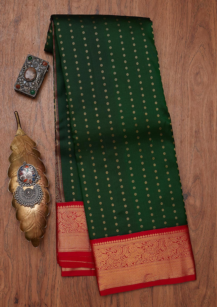Bottle Green Zariwork Pure Silk Designer Unstitched Saree - Koskii
