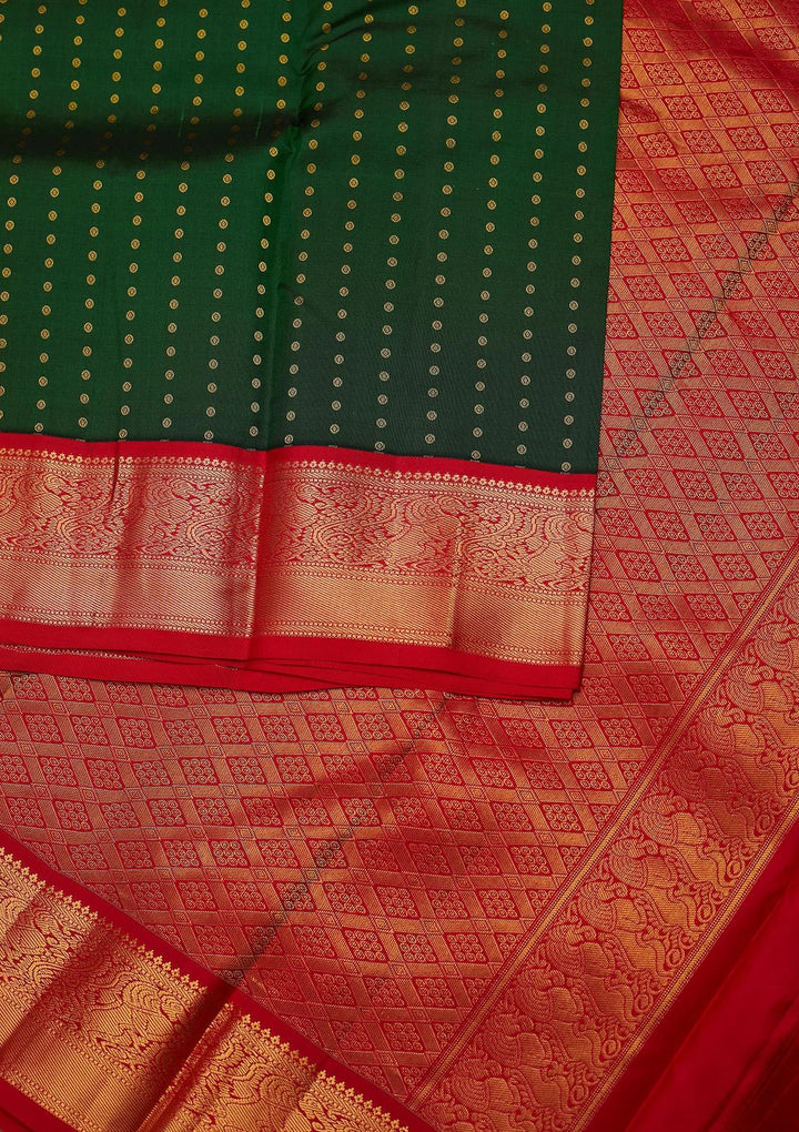 Bottle Green Zariwork Pure Silk Designer Unstitched Saree - Koskii