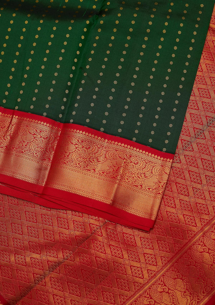 Bottle Green Zariwork Pure Silk Designer Unstitched Saree - Koskii
