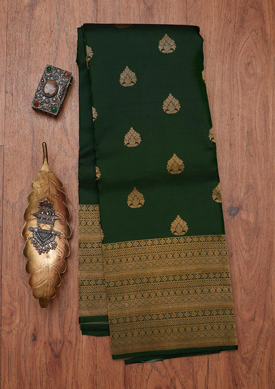 Bottle Green Zariwork Pure Silk Designer Unstitched Saree - Koskii