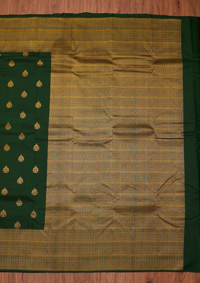 Bottle Green Zariwork Pure Silk Designer Unstitched Saree - Koskii