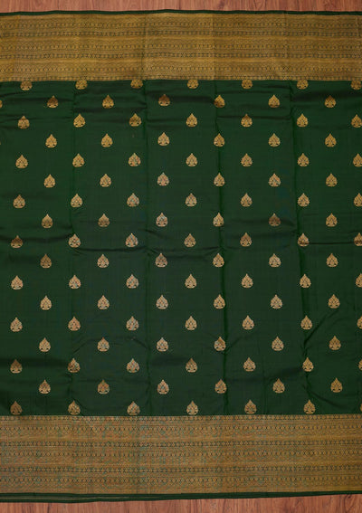 Bottle Green Zariwork Pure Silk Designer Unstitched Saree - Koskii