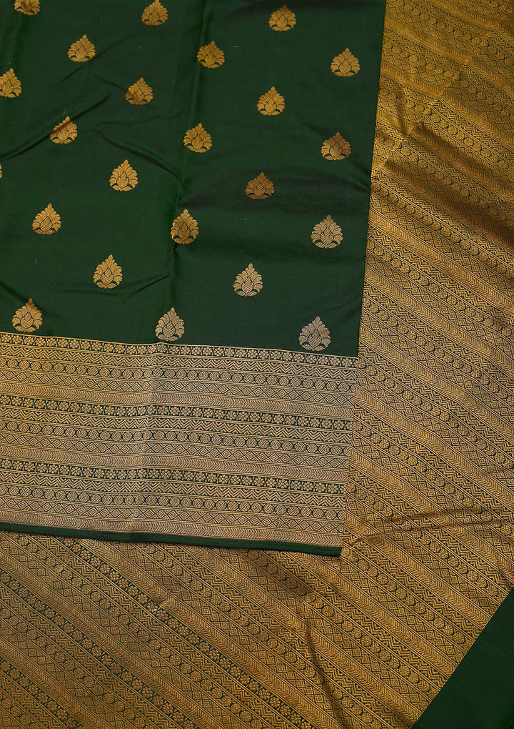 Bottle Green Zariwork Pure Silk Designer Unstitched Saree - Koskii