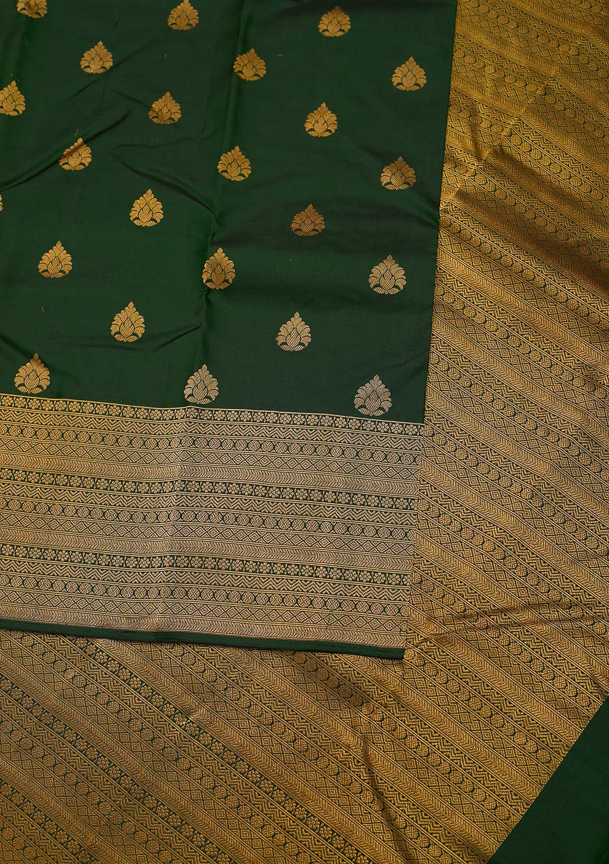 Bottle Green Zariwork Pure Silk Designer Unstitched Saree - Koskii