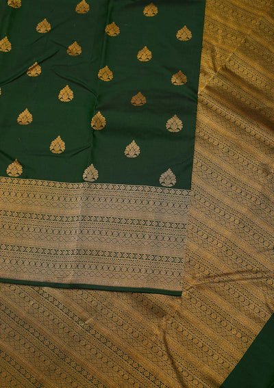 Bottle Green Zariwork Pure Silk Designer Unstitched Saree - Koskii