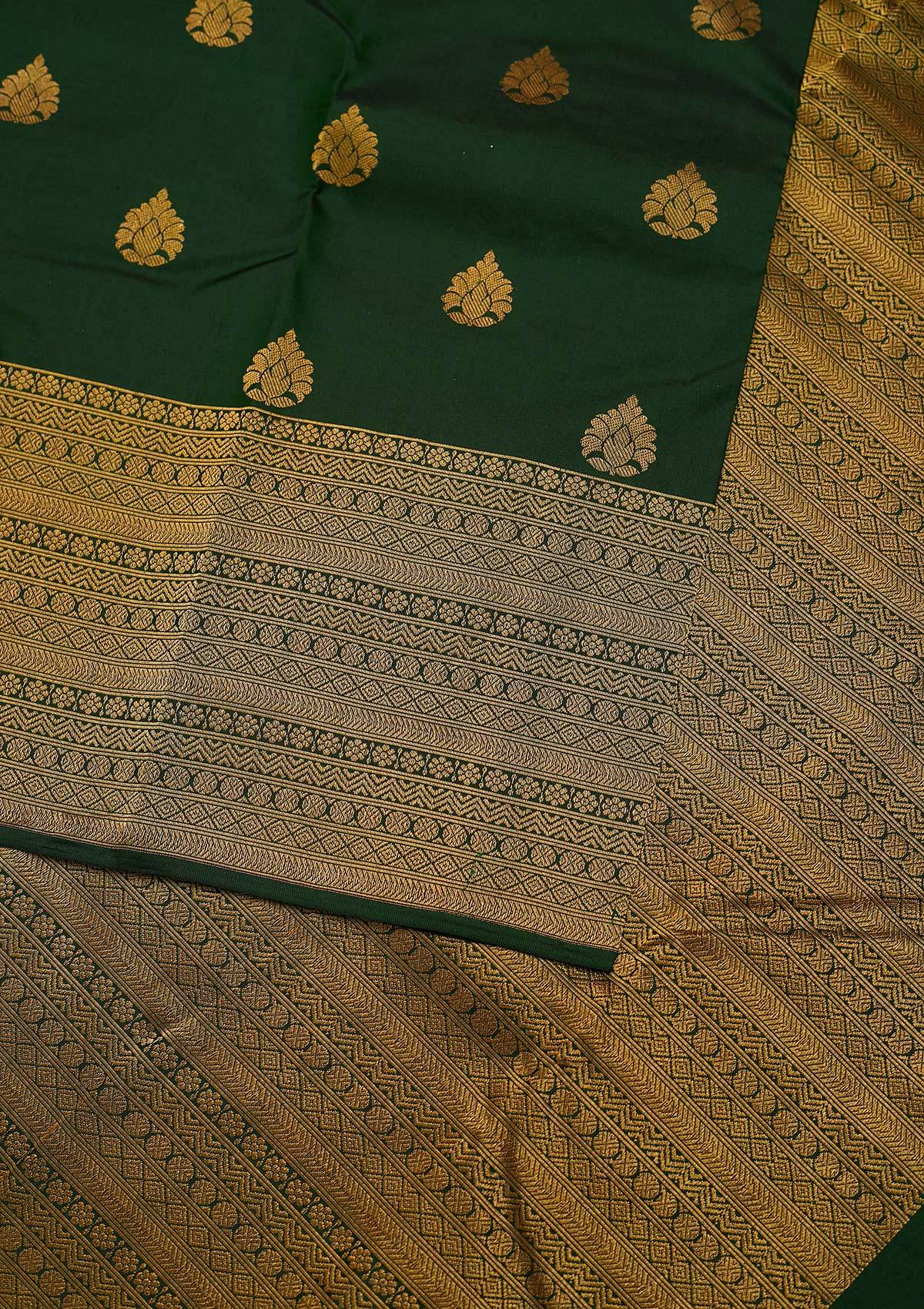 Bottle Green Zariwork Pure Silk Designer Unstitched Saree - Koskii