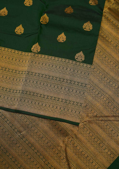 Bottle Green Zariwork Pure Silk Designer Unstitched Saree - Koskii