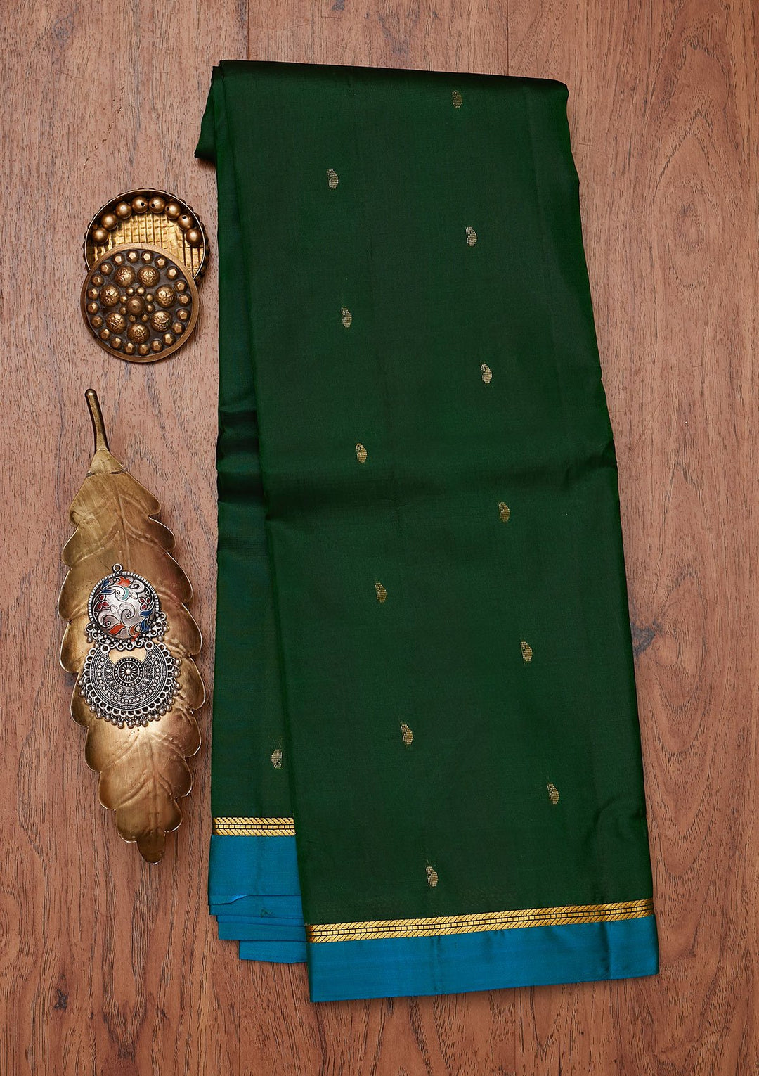 Bottle Green Zariwork Pure Silk Designer Unstitched Saree - Koskii