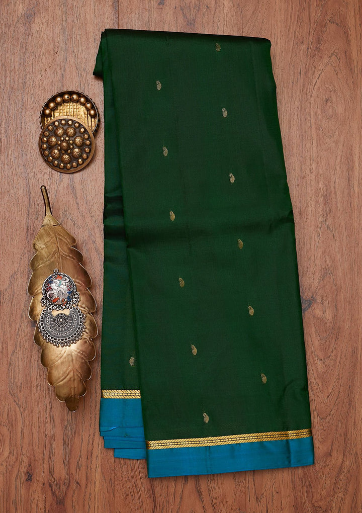 Bottle Green Zariwork Pure Silk Designer Unstitched Saree - Koskii