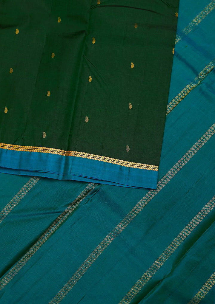 Bottle Green Zariwork Pure Silk Designer Unstitched Saree - Koskii