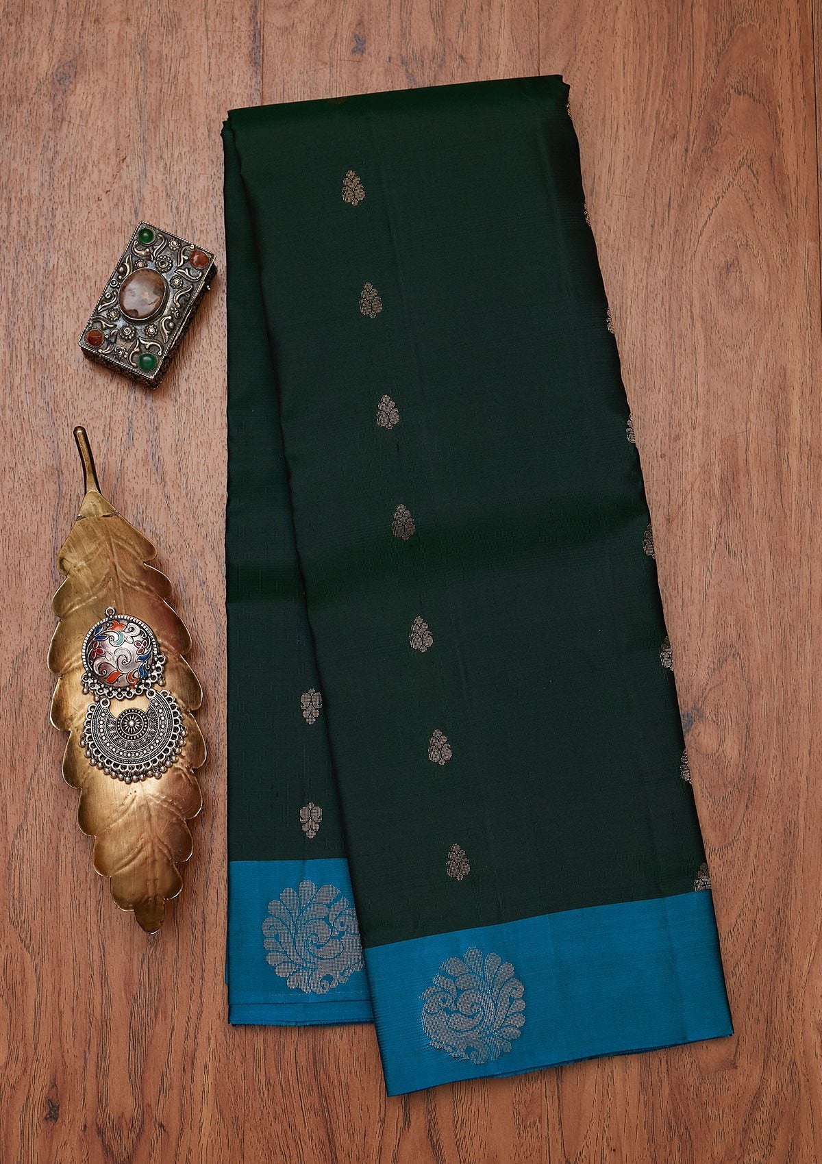 Bottle Green Zariwork Pure Silk Designer Unstitched Saree - Koskii