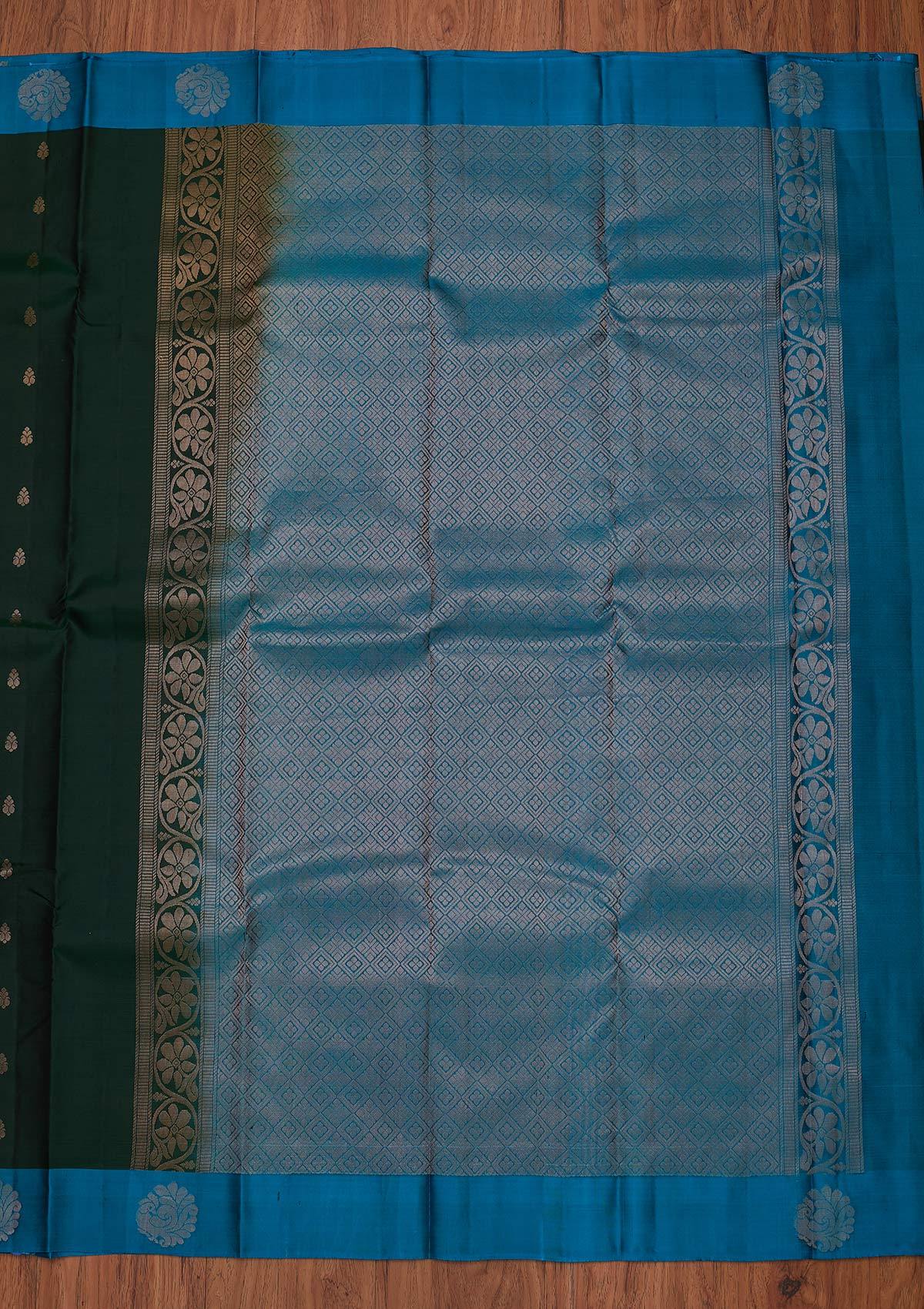 Bottle Green Zariwork Pure Silk Designer Unstitched Saree - Koskii
