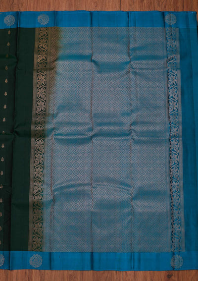 Bottle Green Zariwork Pure Silk Designer Unstitched Saree - Koskii