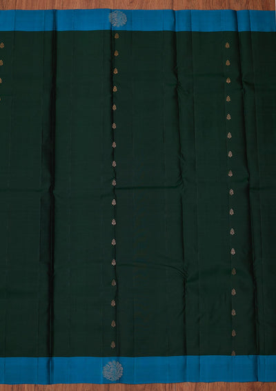 Bottle Green Zariwork Pure Silk Designer Unstitched Saree - Koskii