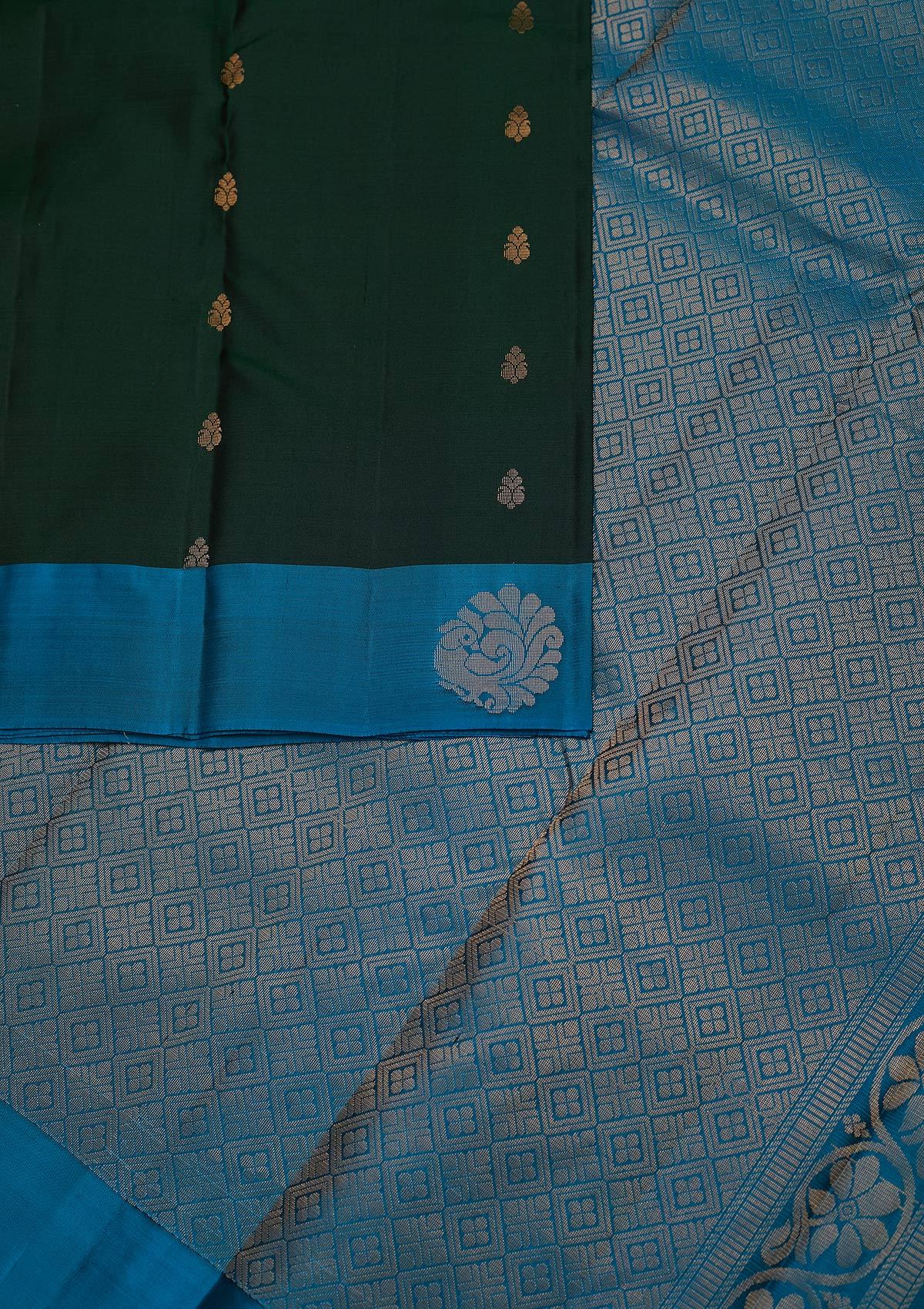 Bottle Green Zariwork Pure Silk Designer Unstitched Saree - Koskii