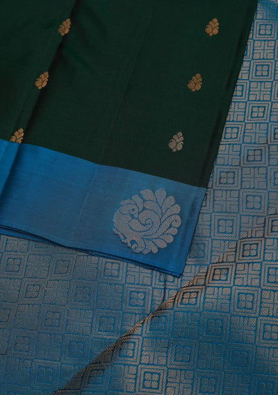 Bottle Green Zariwork Pure Silk Designer Unstitched Saree - Koskii