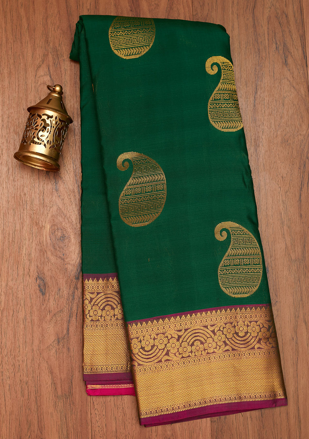 Bottle Green Zariwork Pure Silk Saree- Koskii
