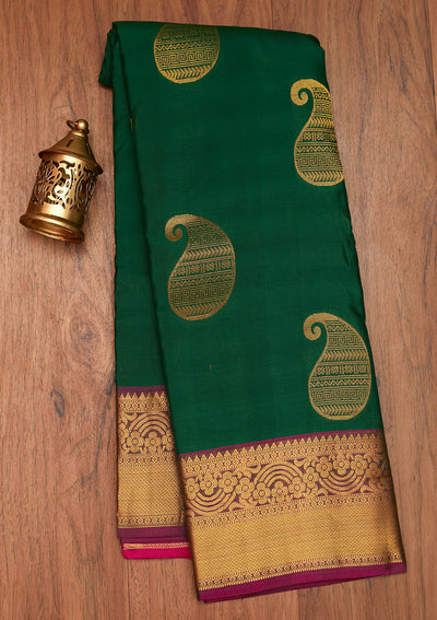 Bottle Green Zariwork Pure Silk Saree- Koskii