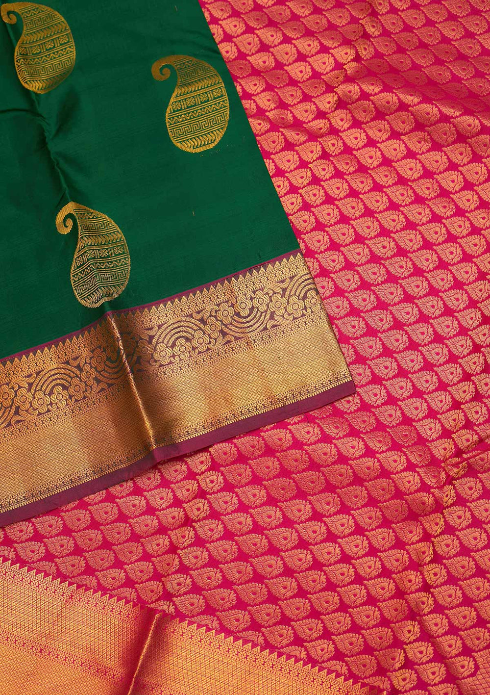 Bottle Green Zariwork Pure Silk Saree - Koskii