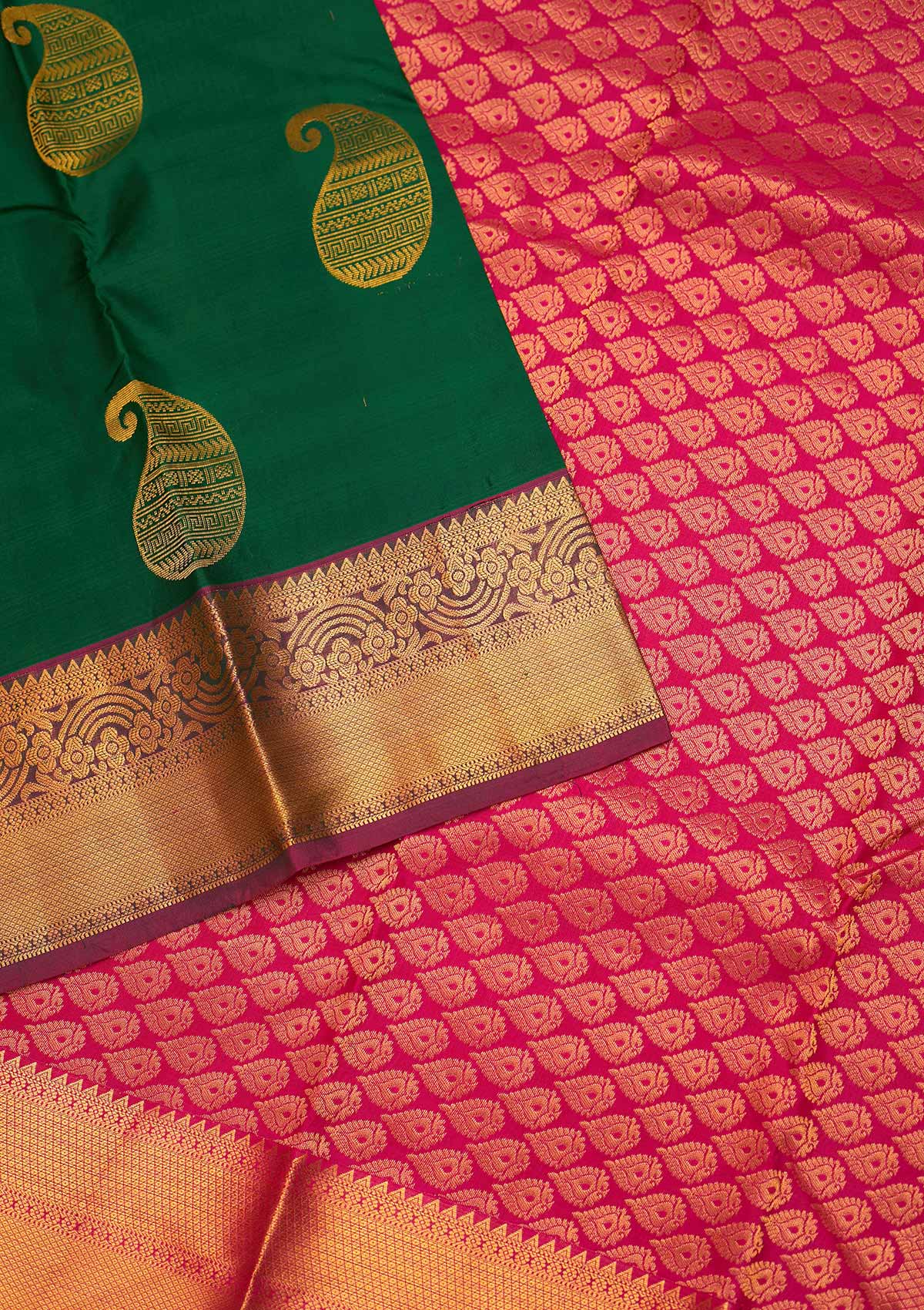 Bottle Green Zariwork Pure Silk Saree - Koskii