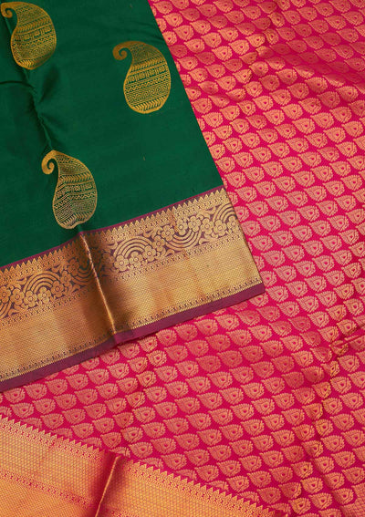 Bottle Green Zariwork Pure Silk Saree - Koskii