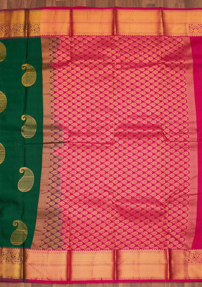 Bottle Green Zariwork Pure Silk Saree - Koskii