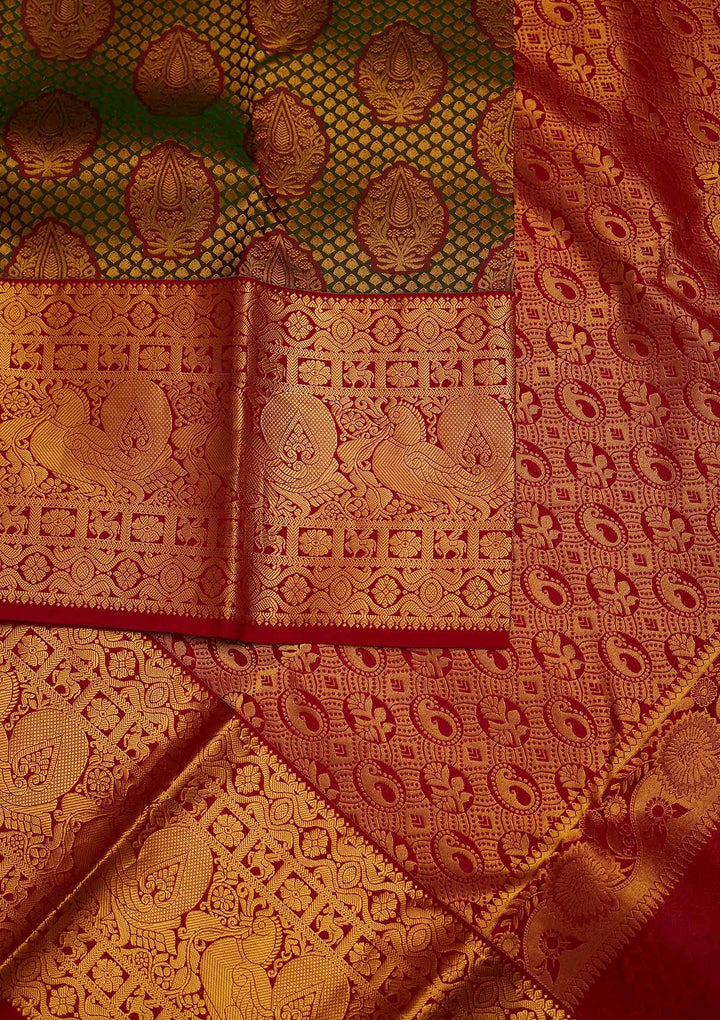 Bottle Green Zariwork Pure Silk Designer Saree - Koskii
